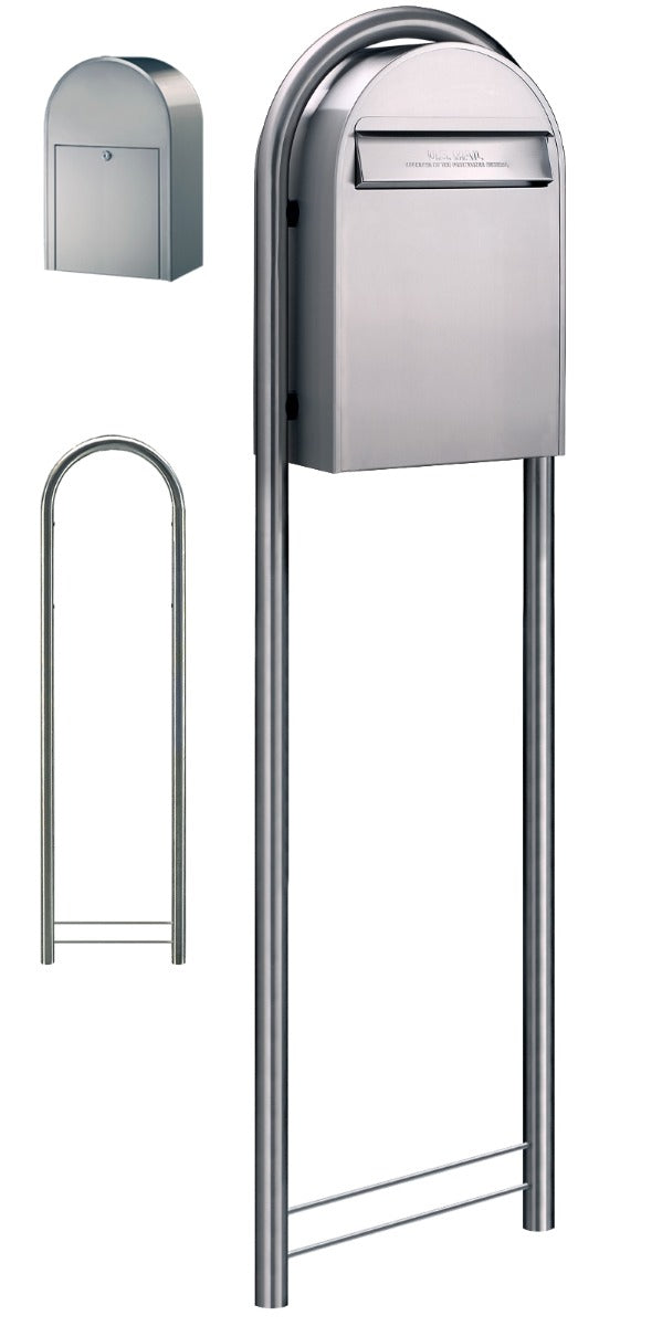 USPS Approved Bobi Classic B Rear Access Modern Locking Stainless Steel Mailbox and Round Stainless Steel Post Combo