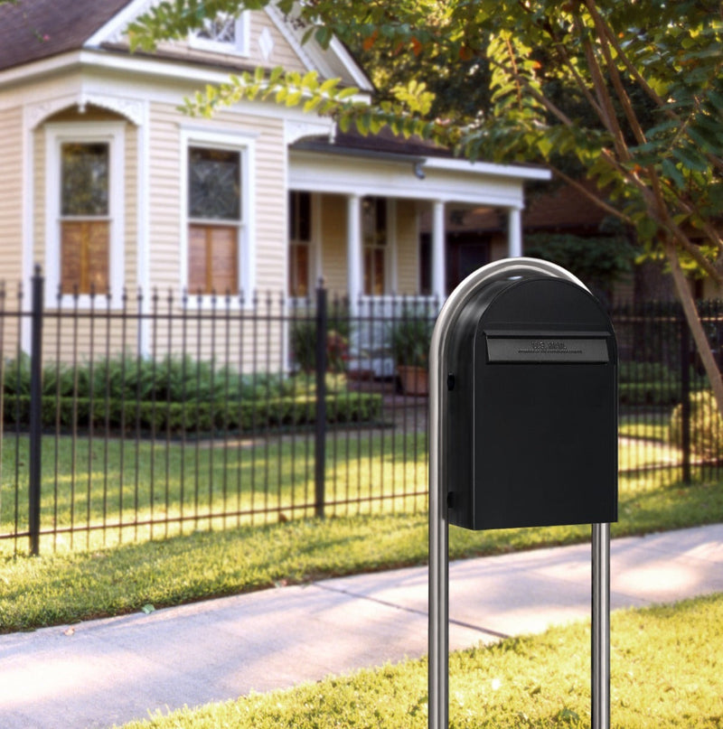 USPS Approved Bobi Classic B Rear Access Modern Locking Black Mailbox and Round Stainless Steel Post Combo
