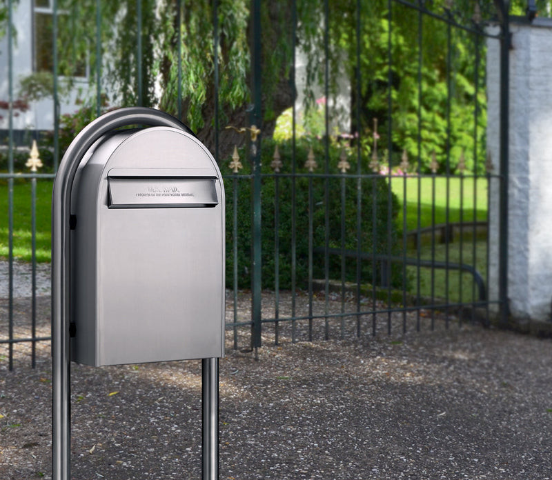 USPS Approved Bobi Classic B Rear Access Modern Locking Stainless Steel Mailbox and Round Stainless Steel Post Combo