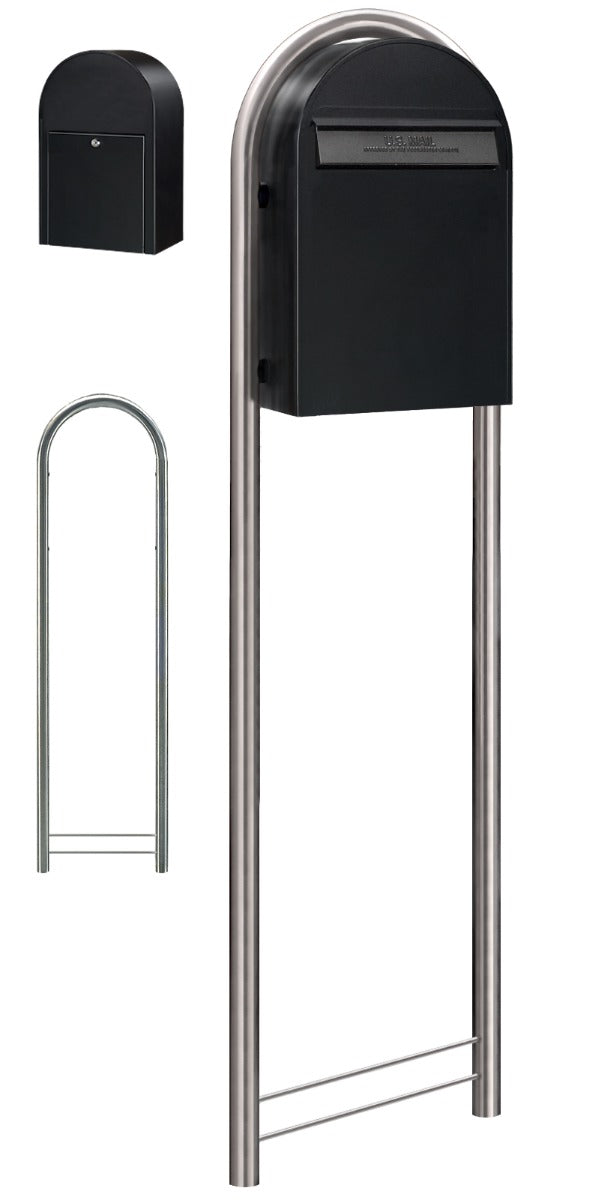 USPS Approved Bobi Classic B Rear Access Modern Locking Black Mailbox and Round Stainless Steel Post Combo