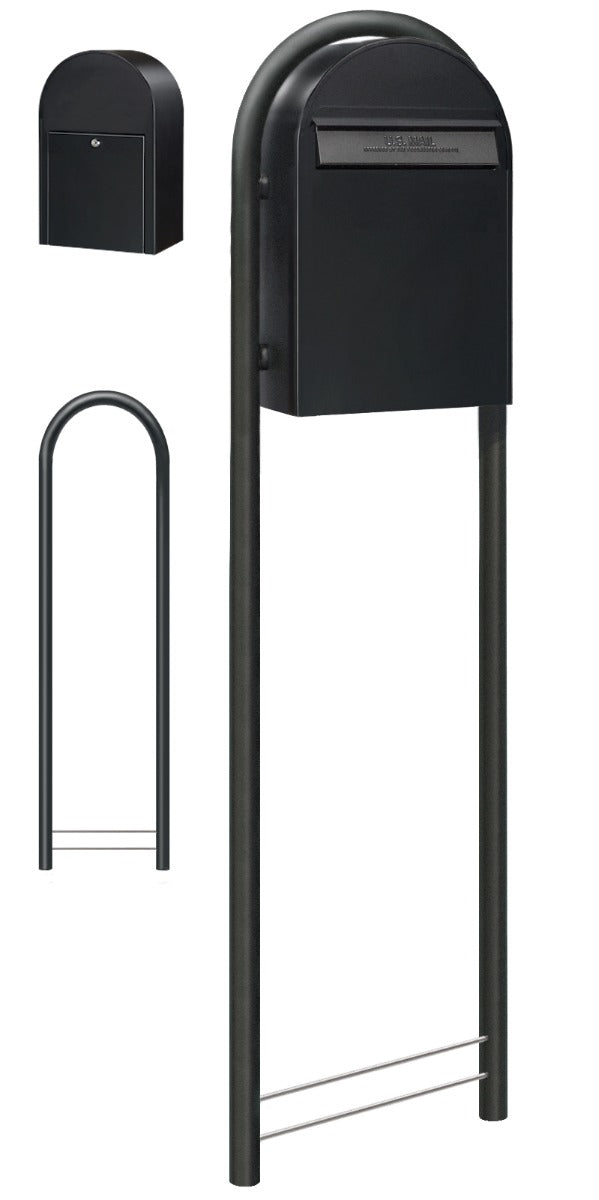 USPS Approved Bobi Classic B Rear Access Modern Locking Black Mailbox and Round Black Post Combo