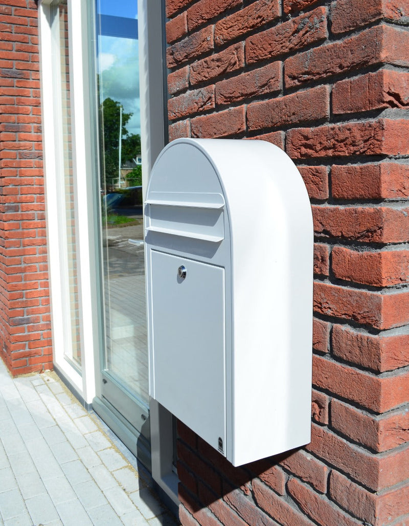 Bobi Classic Slim Front Access Modern Locking White Mailbox and Round Grey Post Combo