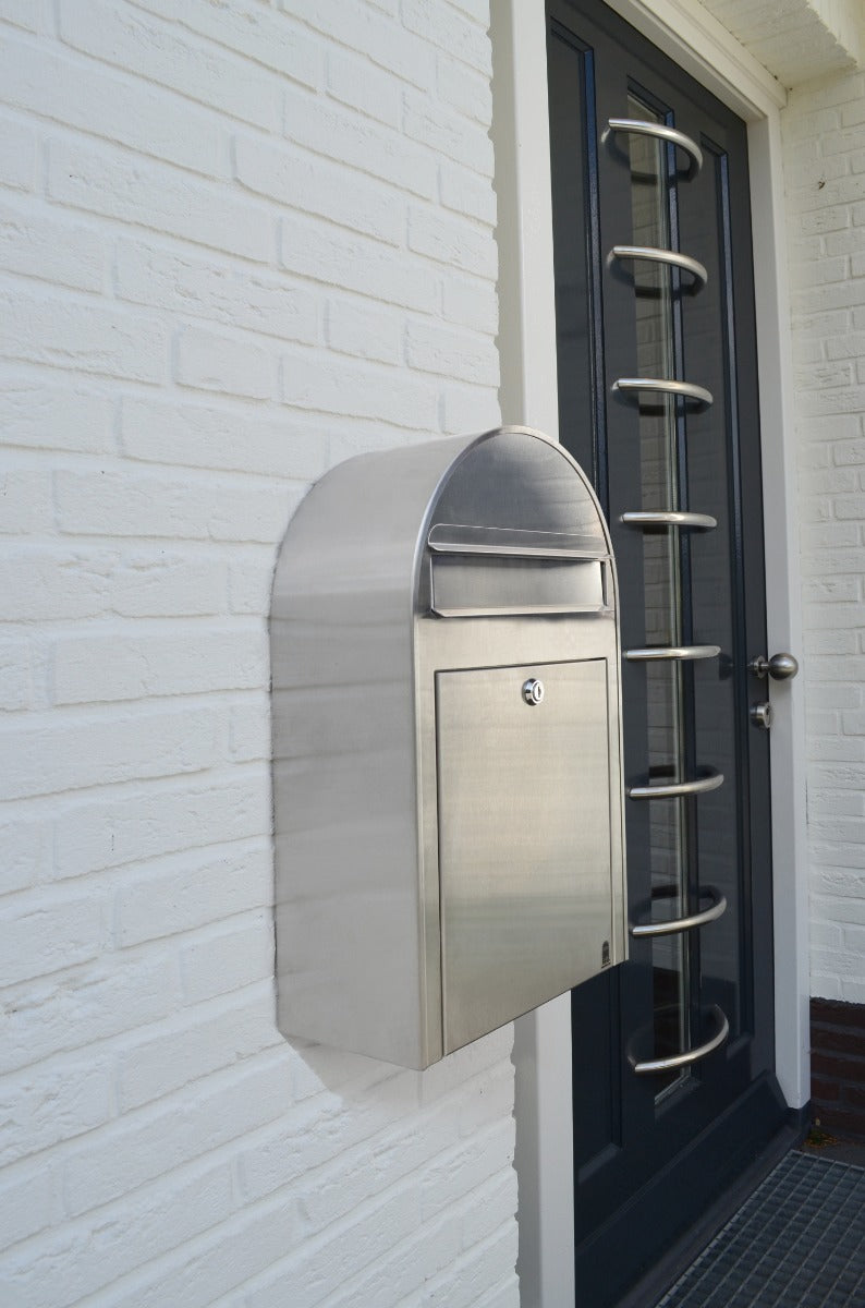 Bobi Classic Slim Front Access Modern Locking Stainless Steel Mailbox and Round Black Post Combo