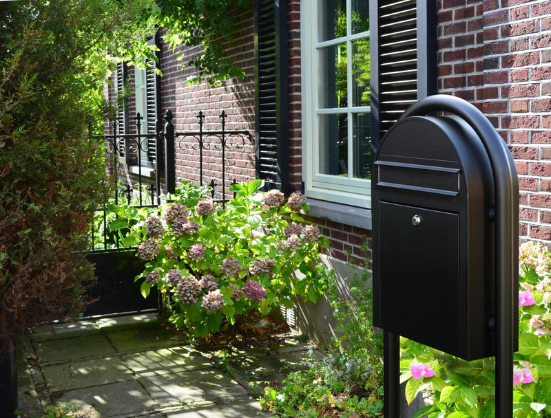 Bobi Classic Slim Front Access Modern Locking Black Mailbox and Round Black Post Combo