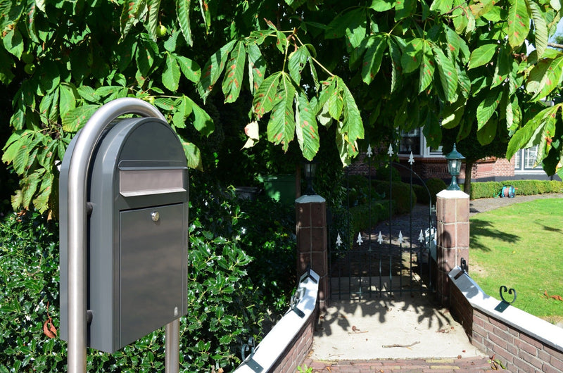 Bobi Classic Slim Front Access Modern Locking Grey Mailbox and Round Stainless Steel Post Combo