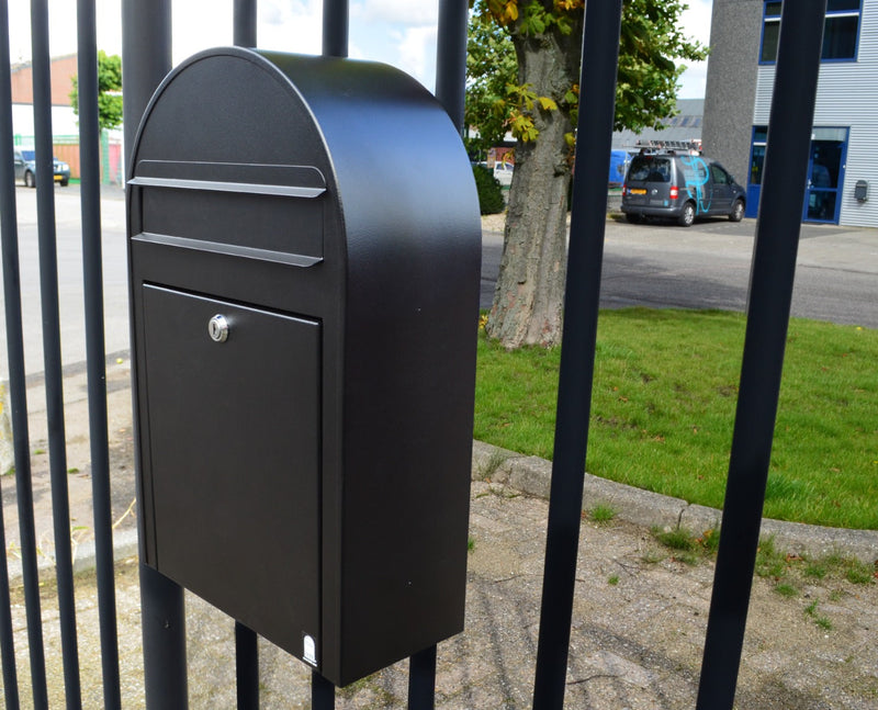 Bobi Classic Slim Front Access Modern Locking Black Mailbox and Round Black Post Combo