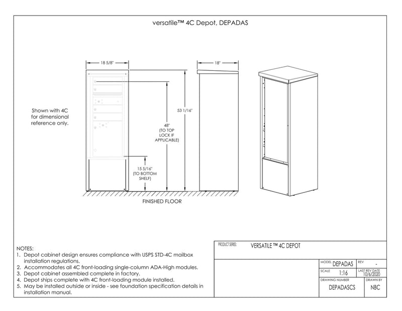 Florence 4C Mailbox Depot - 3 Doors, 1 Parcel Locker - ADA Compliant Max Height Private Access