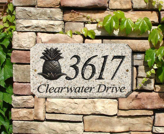 StoneMetal "PINEAPPLE LOGO" Rectangle Solid Granite Address Plaque in Autumn Leaf Color