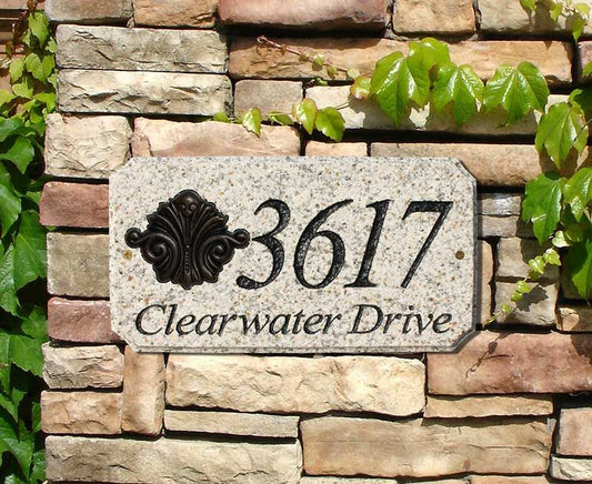 StoneMetal "SCROLL LOGO" Rectangle Solid Granite Address Plaque in Autumn Leaf Color