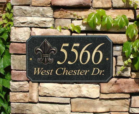 StoneMetal "FLEUR DE LIS LOGO" Rectangle Solid Granite Address Plaque in Black Polished Color