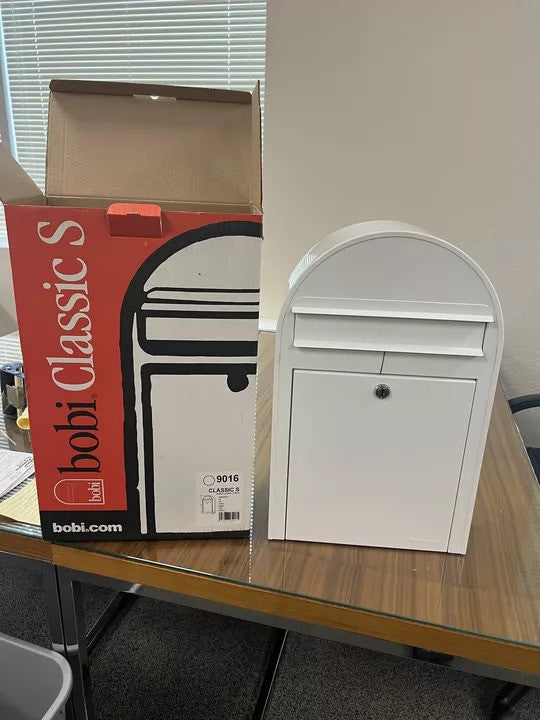 Bobi Classic Slim Front Access Modern Locking White Mailbox and Round Red Post Combo