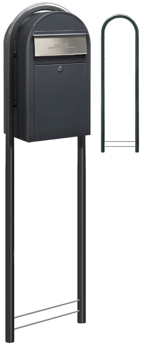 Bobi Grande Front Access Grey Mailbox with Stainless Steel Mail Slot and Round Grey Post Combo