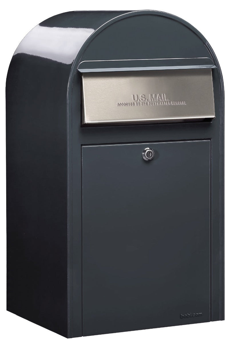 Bobi Grande Front Access Grey Mailbox with Stainless Steel Mail Slot and Round Black Post Combo
