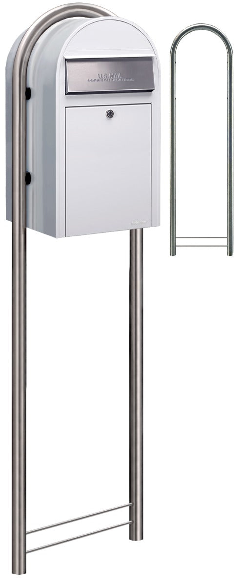 Bobi Grande Front Access White Mailbox with Round Stainless Steel Post Combo