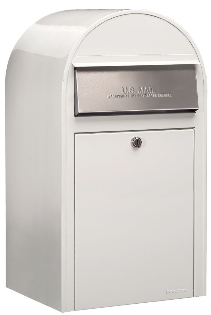 Bobi Grande Front Access White Mailbox with Stainless Steel Mail Slot and Round White Post Combo