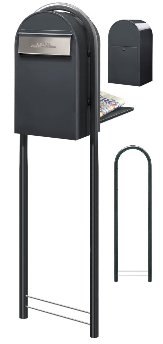 USPS Approved Bobi Grande B Rear Access Modern Locking Grey Mailbox with Round Grey Post Combo -  Stainless Steel Mail Slot – Secure Small Parcel Delivery