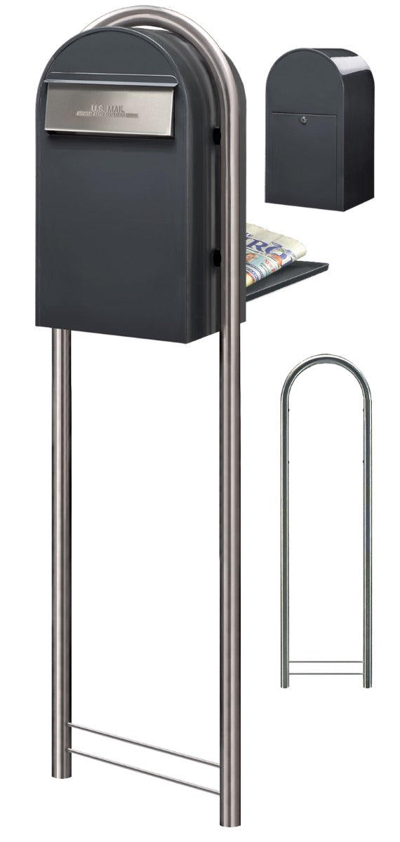 USPS Approved Bobi Grande B Rear Access Modern Locking Grey Mailbox with Round Stainless Steel Post Combo - Secure Small Parcel Delivery
