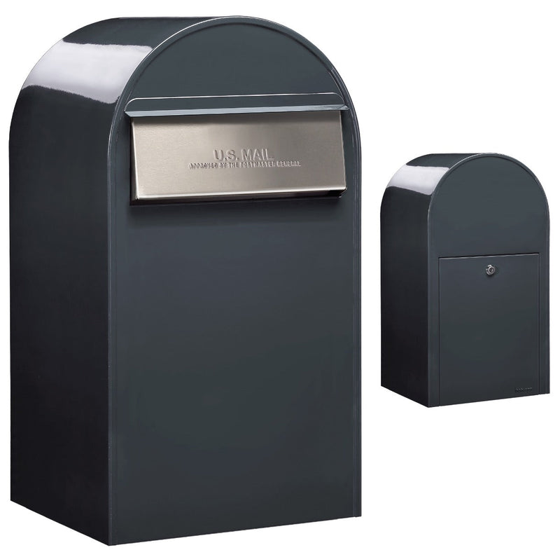USPS Approved Bobi Grande B Rear Access Modern Locking Grey Mailbox with Round White Post Combo - Stainless Steel Mail Slot – Secure Small Parcel Delivery
