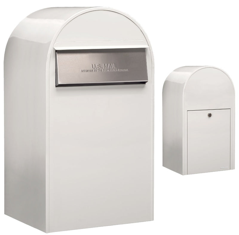 USPS Approved Bobi Grande B Rear Access Modern Locking White Mailbox with Round Black Post Combo - Stainless Steel Mail Slot –  Secure Small Parcel Delivery