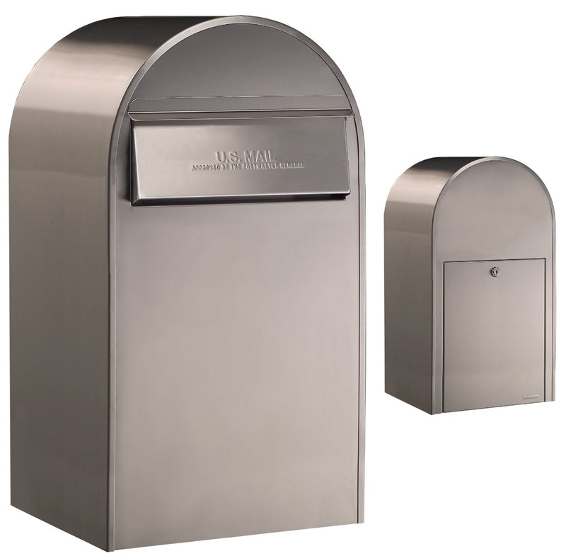 USPS Approved Bobi Grande B Rear Access Modern Locking Stainless Steel Mailbox with Round White Post Combo - Secure Small Parcel Delivery