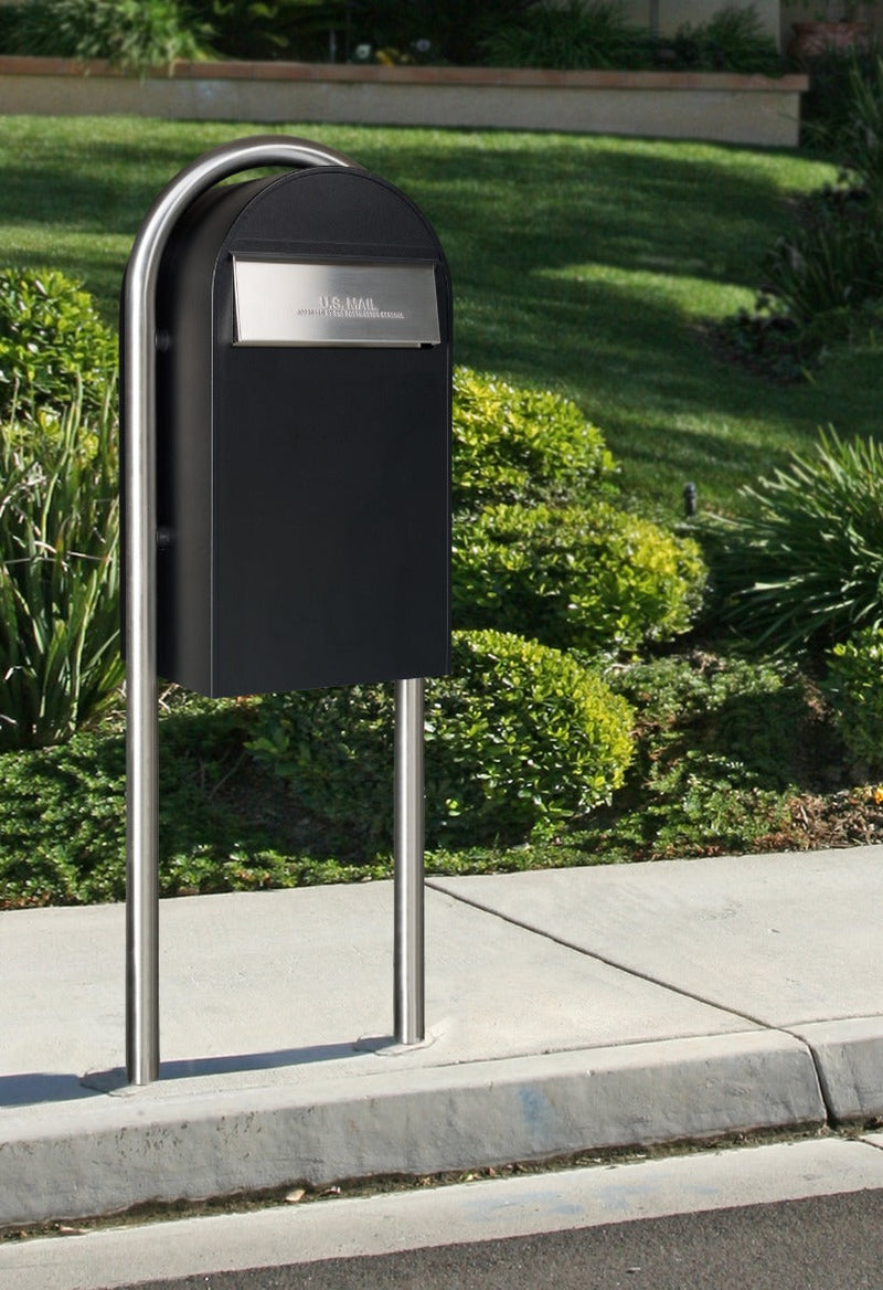 USPS Approved Bobi Grande B Rear Access Modern Locking Black Mailbox with Round Stainless Steel Post Combo - Secure Small Parcel Delivery