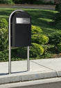 USPS Approved Bobi Grande B Rear Access Modern Locking Black Mailbox with Round Stainless Steel Post Combo - Secure Small Parcel Delivery