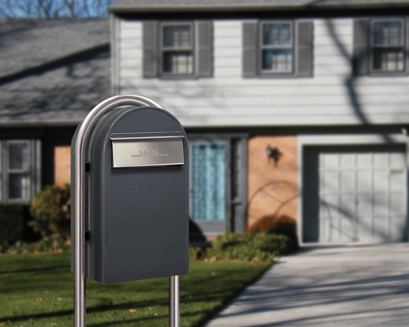 USPS Approved Bobi Grande B Rear Access Modern Locking Grey Mailbox with Round Stainless Steel Post Combo - Secure Small Parcel Delivery