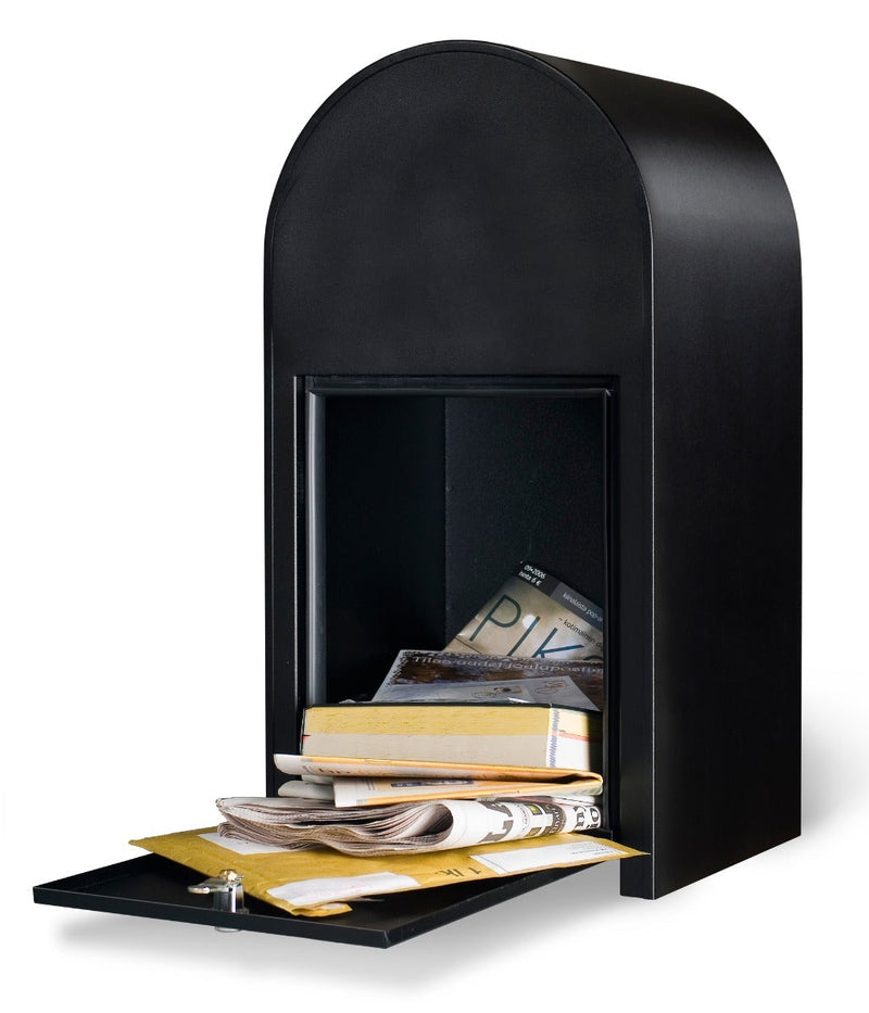 USPS Approved Bobi Grande B Rear Access Modern Locking Black Mailbox with Round Zinc Post Combo  - Stainless Steel Mail Slot –   Secure Small Parcel Delivery