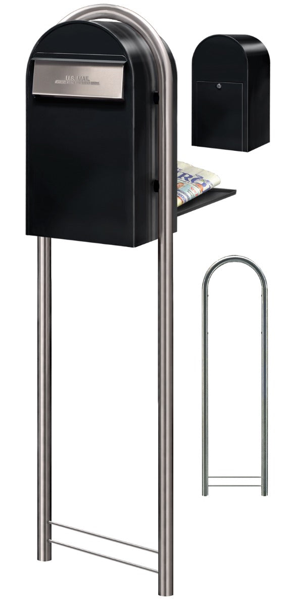 USPS Approved Bobi Grande B Rear Access Modern Locking Black Mailbox with Round Stainless Steel Post Combo - Secure Small Parcel Delivery