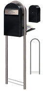 USPS Approved Bobi Grande B Rear Access Modern Locking Black Mailbox with Round Stainless Steel Post Combo - Secure Small Parcel Delivery