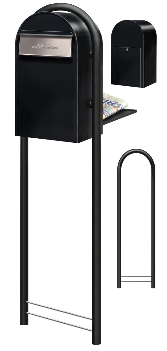 USPS Approved Bobi Grande B Rear Access Modern Locking Black Mailbox with Round Black Post Combo  - Stainless Steel Mail Slot –  Secure Small Parcel Delivery