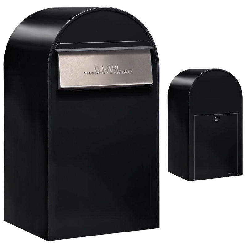 USPS Approved Bobi Grande B Rear Access Modern Locking Black Mailbox with Round Stainless Steel Post Combo - Secure Small Parcel Delivery