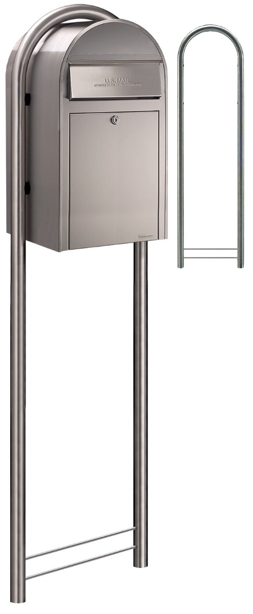 Bobi Grande Front Access Stainless Steel Mailbox with Round Stainless Steel Post Combo