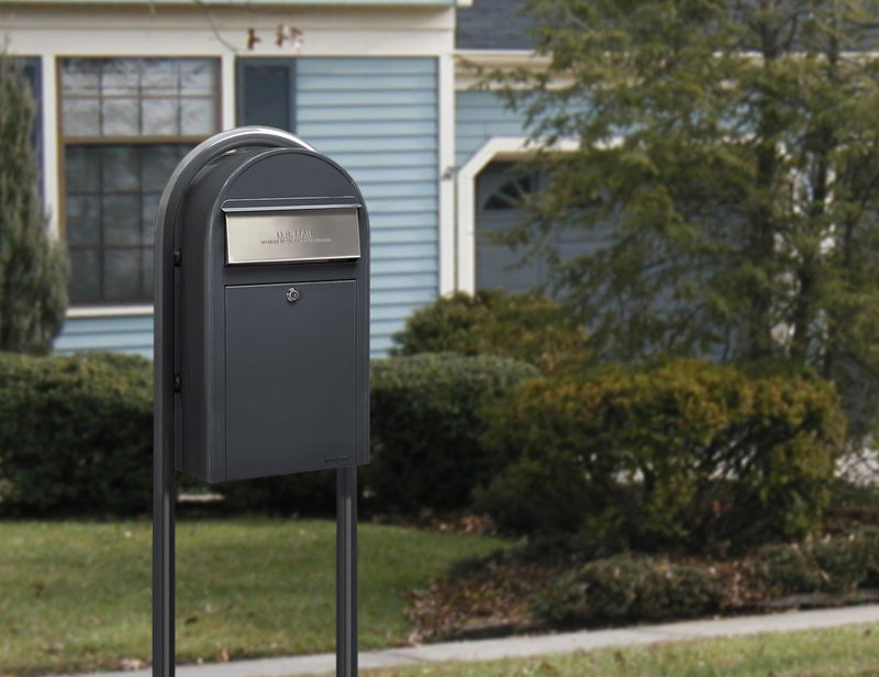 Bobi Grande Front Access Grey Mailbox with Stainless Steel Mail Slot and Round Grey Post Combo
