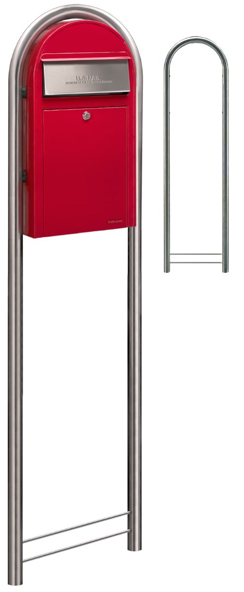 Bobi Grande Slim Front Access Red Mailbox with Round Stainless Steel Post Combo