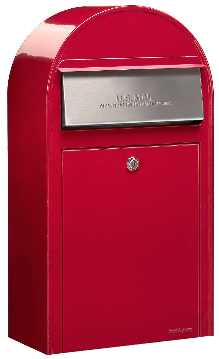 Bobi Grande Slim Front Access Red Mailbox with Stainless Steel Mail Slot and Round Green Post Combo