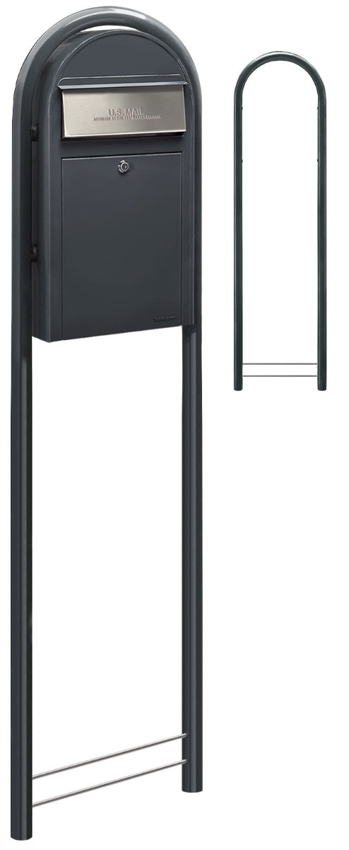 Bobi Grande Slim Front Access Grey Mailbox with Stainless Steel Mail Slot and Round Grey Post Combo