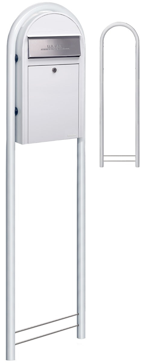 Bobi Grande Slim Front Access White Mailbox with Round White Post Combo