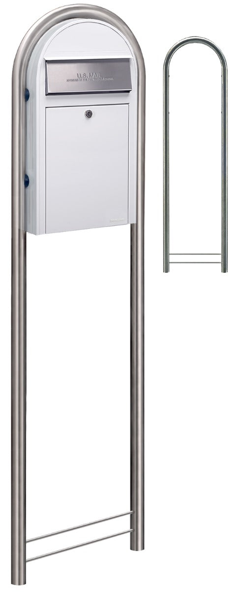 Bobi Grande Slim Front Access White Mailbox with Round Stainless Steel Post Combo