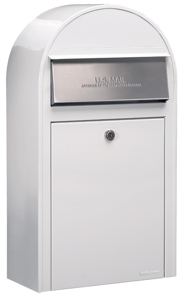 Bobi Grande Slim Front Access White Mailbox with Stainless Steel Mail Slot and Round Green Post Combo