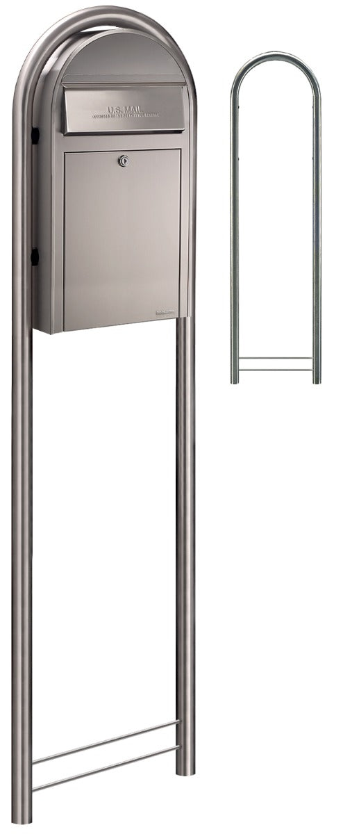 Bobi Grande Slim Front Access Stainless Steel Mailbox with Round Stainless Steel Post Combo