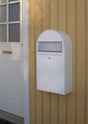 Bobi Grande Slim Front Access White Mailbox with Stainless Steel Mail Slot and Round Green Post Combo