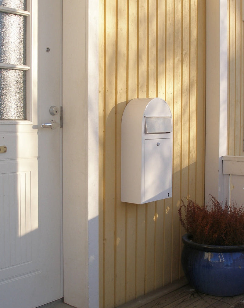 Bobi Grande Slim Front Access White Mailbox with Stainless Steel Mail Slot and Round Green Post Combo