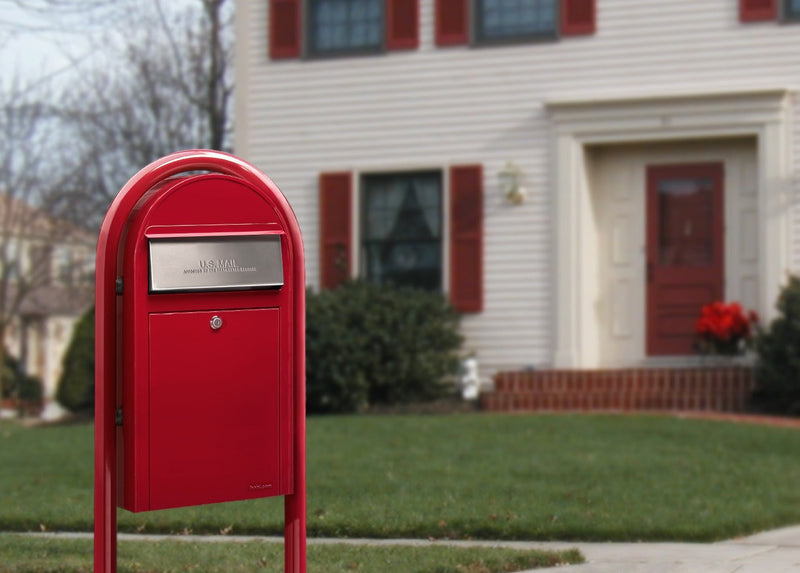 Bobi Grande Slim Front Access Red Mailbox with Stainless Steel Mail Slot and Round Red Post Combo