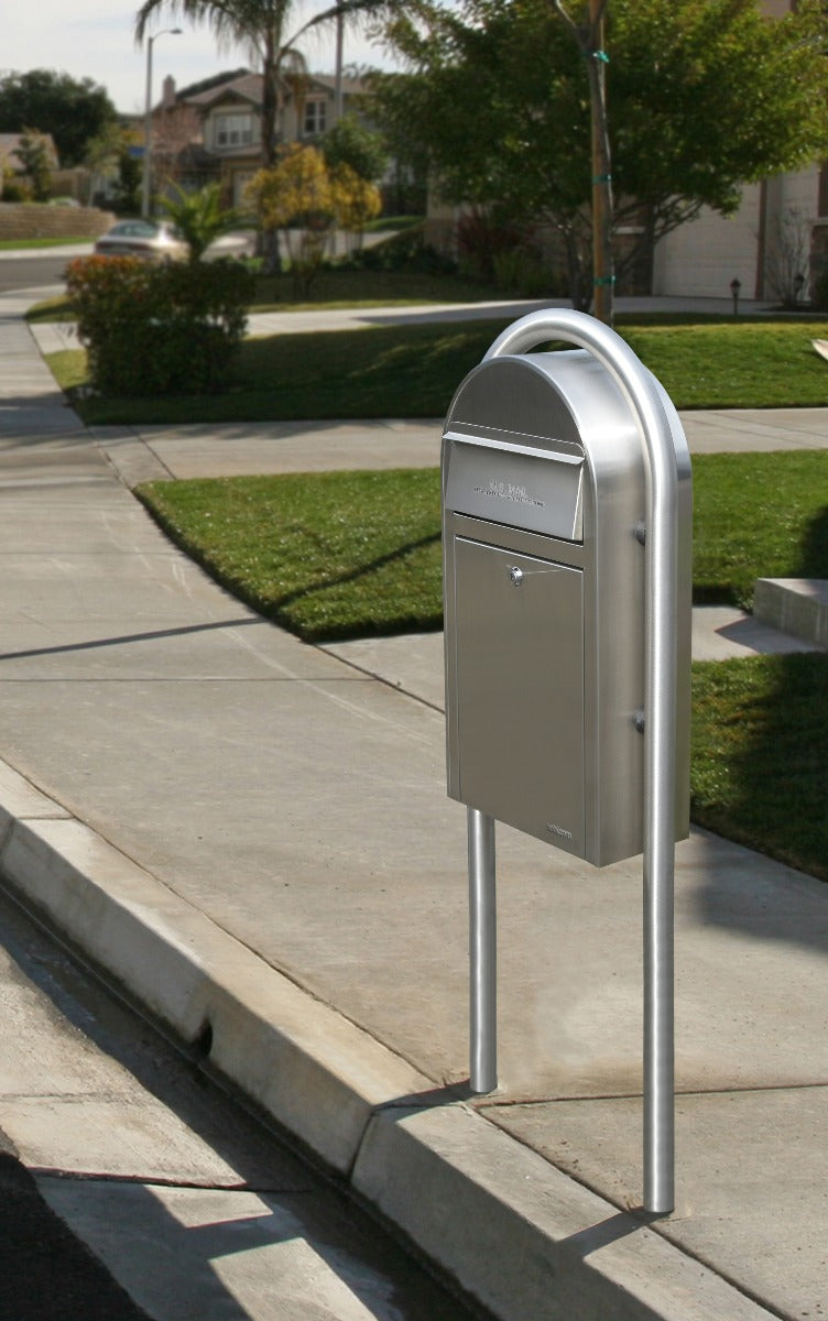 Bobi Grande Slim Front Access Stainless Steel Mailbox with Round Stainless Steel Post Combo