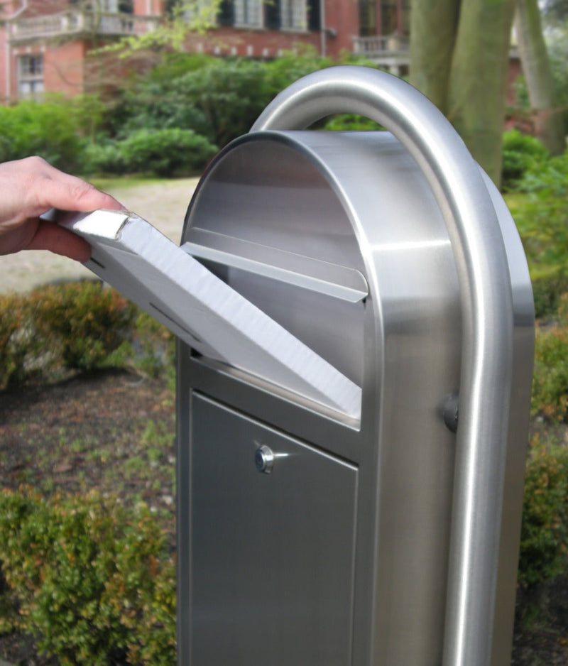 Bobi Grande Slim Front Access Stainless Steel Mailbox with Round Stainless Steel Post Combo