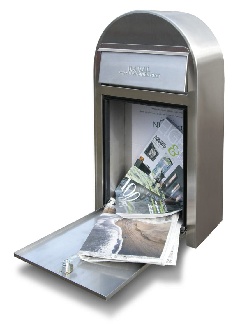 Bobi Grande Slim Front Access Stainless Steel Mailbox with Round White Post Combo