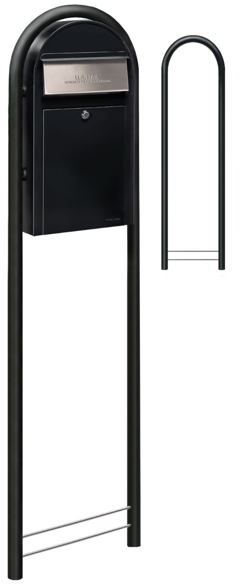 Bobi Grande Slim Front Access Black Mailbox with Stainless Steel Mail Slot and Round Black Post Combo