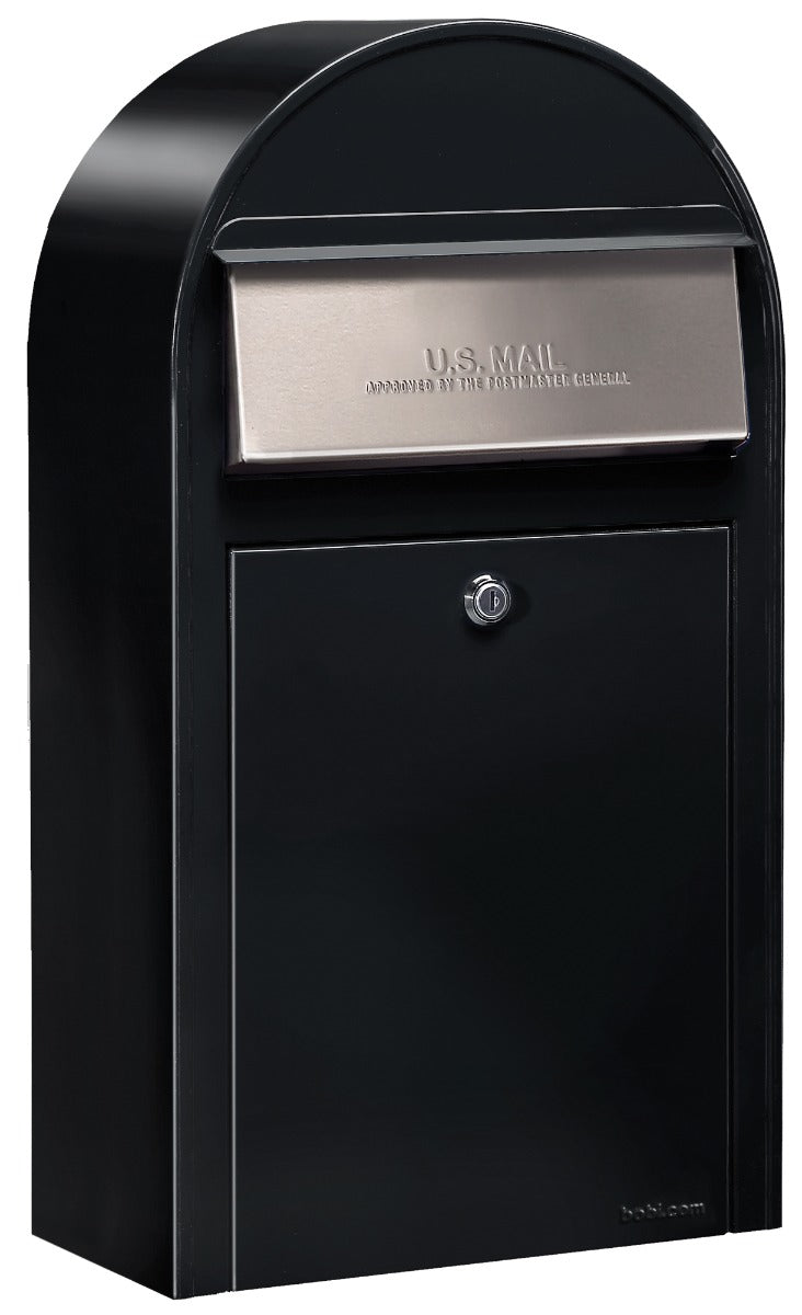 Bobi Grande Slim Front Access Black Mailbox with Stainless Steel Mail Slot and Round Black Post Combo