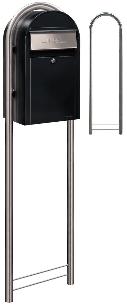 Bobi Grande Front Access Black Mailbox with Round Stainless Steel Post Combo